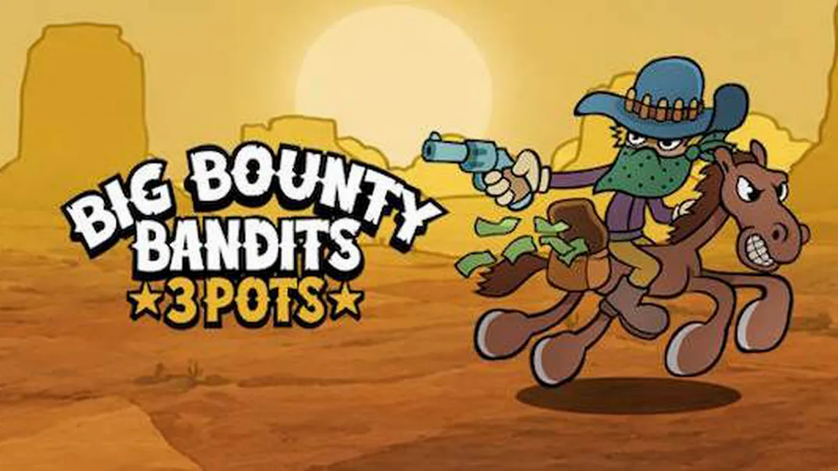 Isang makulay na eksena mula sa Big Bounty Bandits: 3 Pots slot na nagpapakita ng mga bandit at gintong barya.