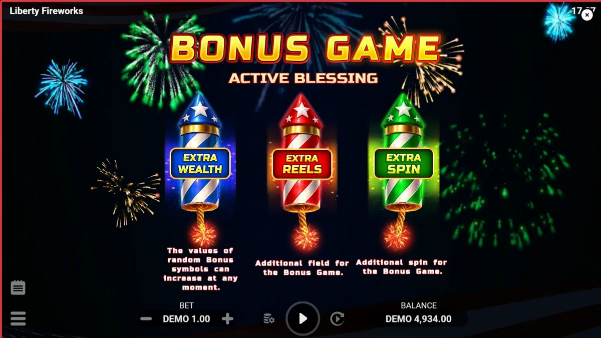 Liberty Fireworks 3 Pots slot game screen na may mga paputok at makabayang tema