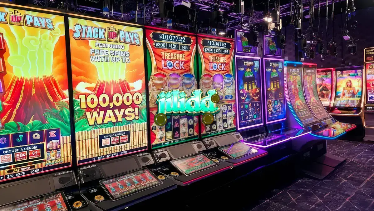 Isang digital na representasyon ng live-streamed slot machine gaming experience.